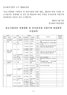 중소기업자간 경쟁제품 및 공사용자재 직접구매 대상품목 지정내역(중소벤처기업부 고시 제2021-35호, 2021.6.1.)